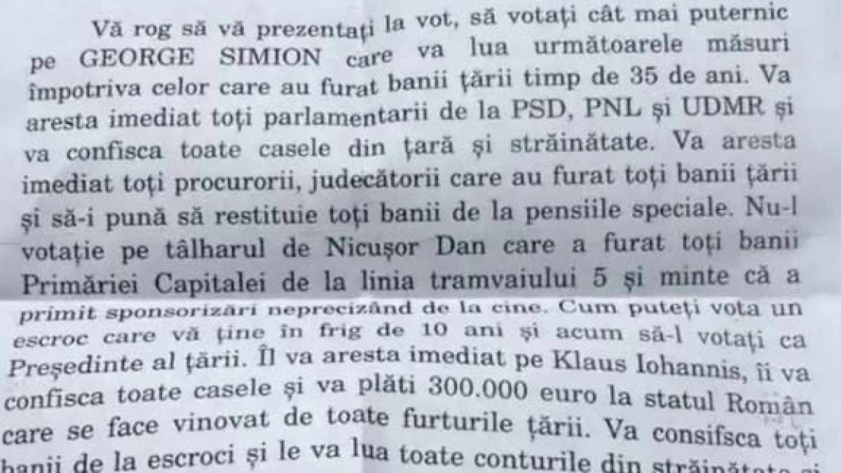 In Sibiu scrisori solicita votul pentru Simion
